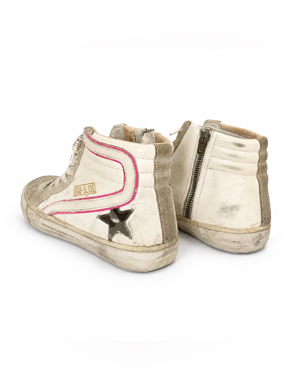 Golden Goose White High-Top Sneaker with Pink Trim and Green Star